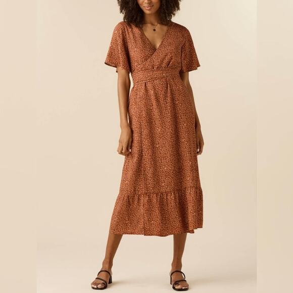 New Vetta Brown Blossom Print The Flutter Sleeve Wrap Dress Size XS - Picture 2 of 11